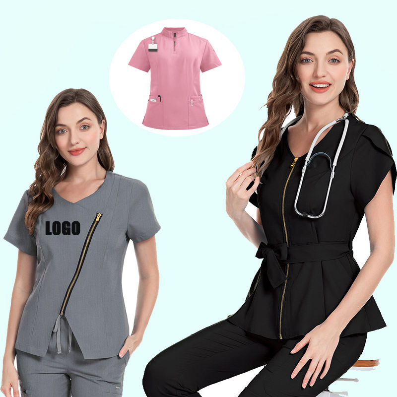 2024 New Design Customize Logo Beauty Salon Massage Barbershop Uniform for Women V Neck Work Clothes with Zipper