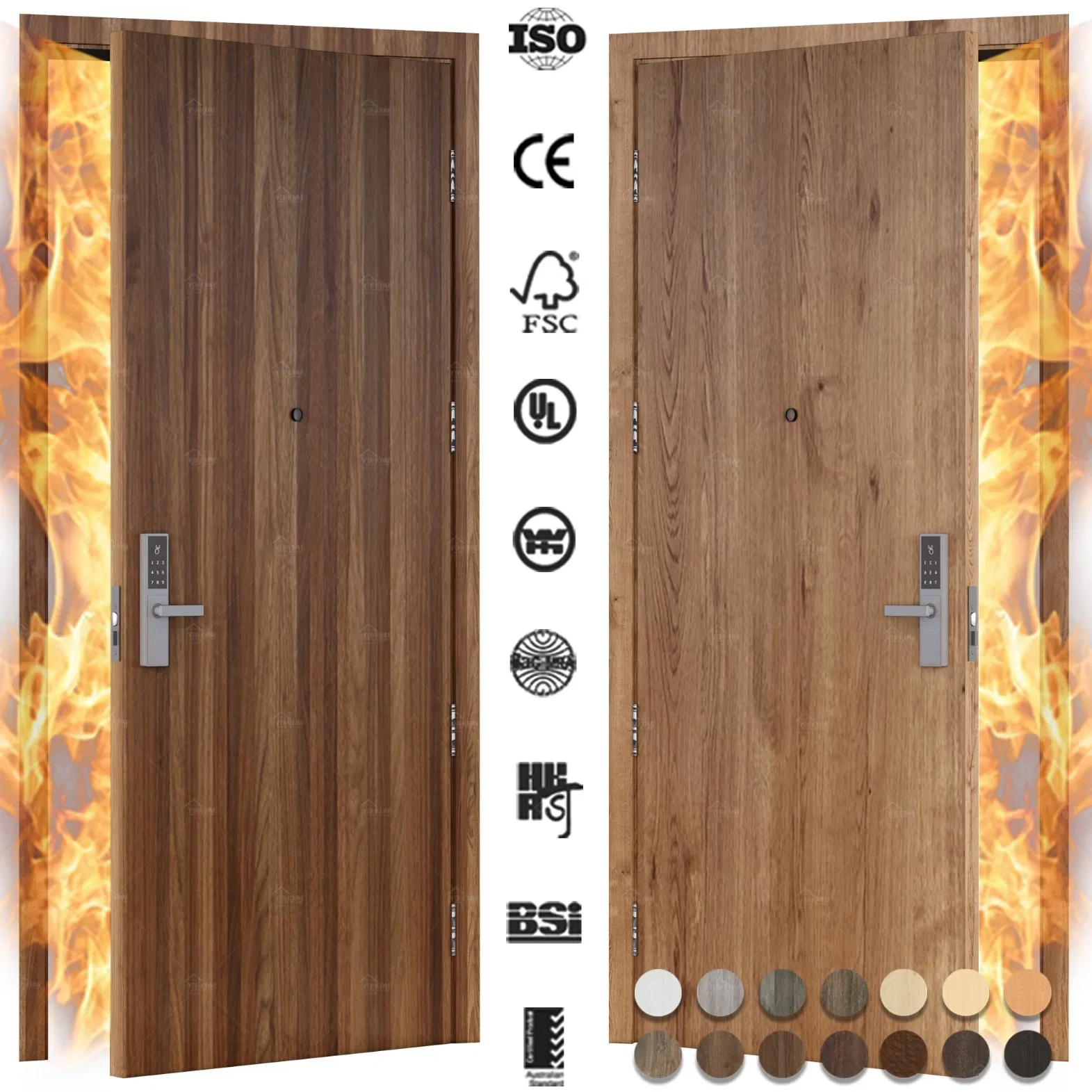 En16034 CE Certified 30 60 90 Minutes HPL Fire Resistance Wood Laminate Door Timber Composite Fire Door for Hotel Guest Room