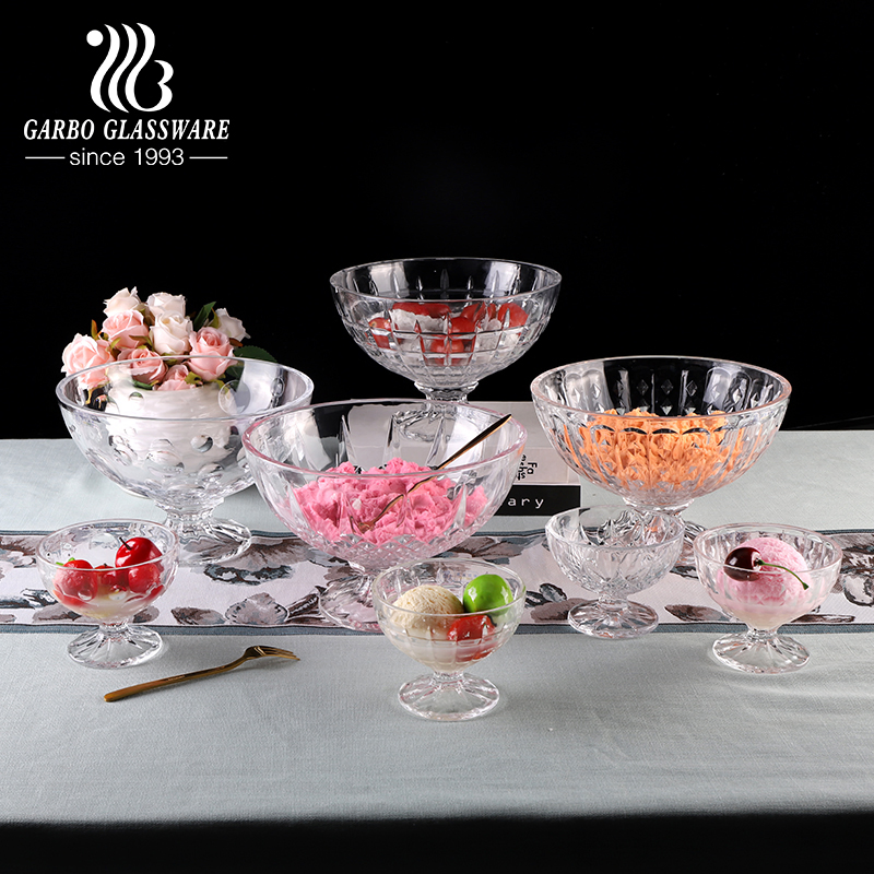 Transparent Engraved Glass Ice Cream Cups and Fruit Salad Bowl Glassware Set