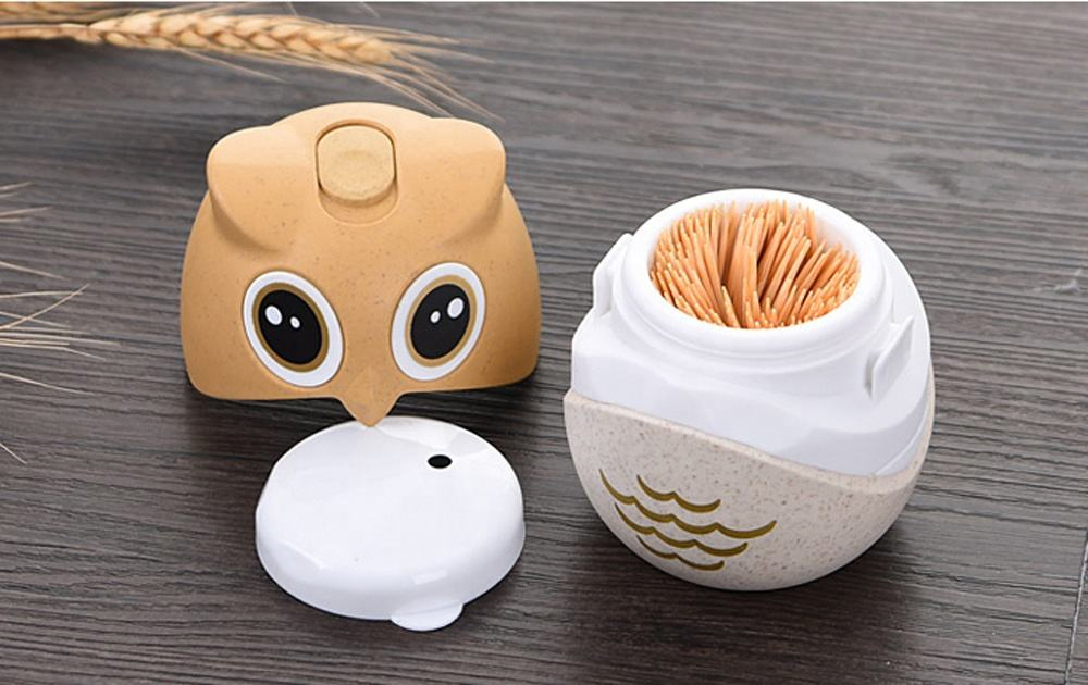 Stocked Wheat Straw Owl Shape Toothpick Dispenser Press Type Toothpick Holder