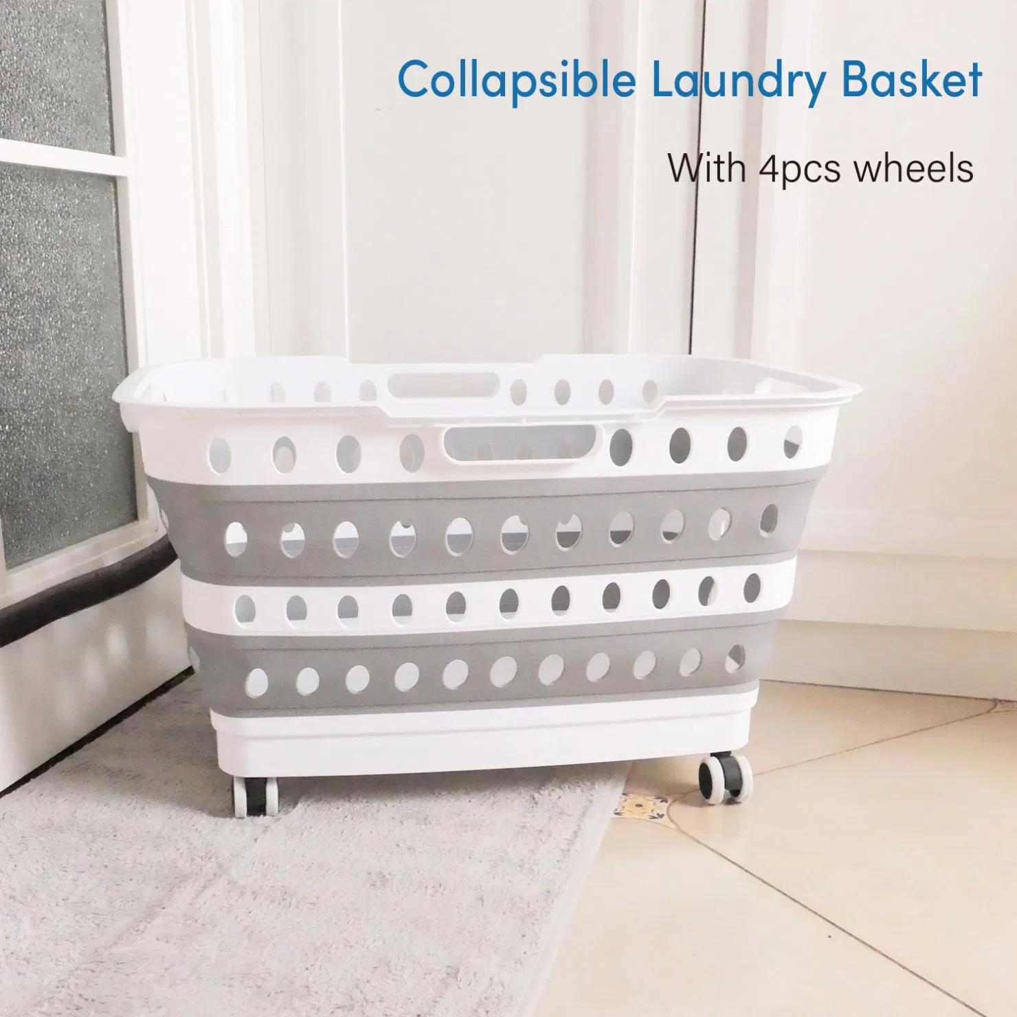 43L Gray Plastic Rectangle Storage Baskets for Toys Clothing and Laundry with Wheel Basket