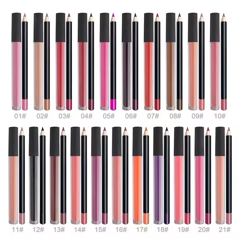 No Logo 21 Colors Lipliner and Lipgloss Set Customization Private Label Lip Pencil Lip Gloss Lip Line Lipstick Set