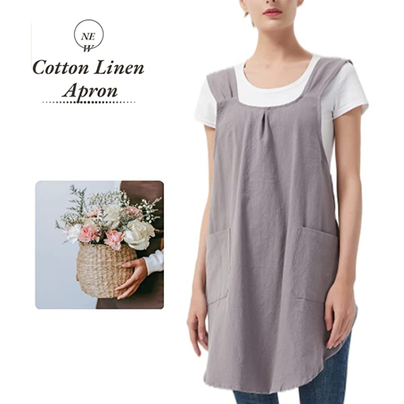 Waterproof Linen Apron for Women Pockets Cross Back Cute Apron Dress
