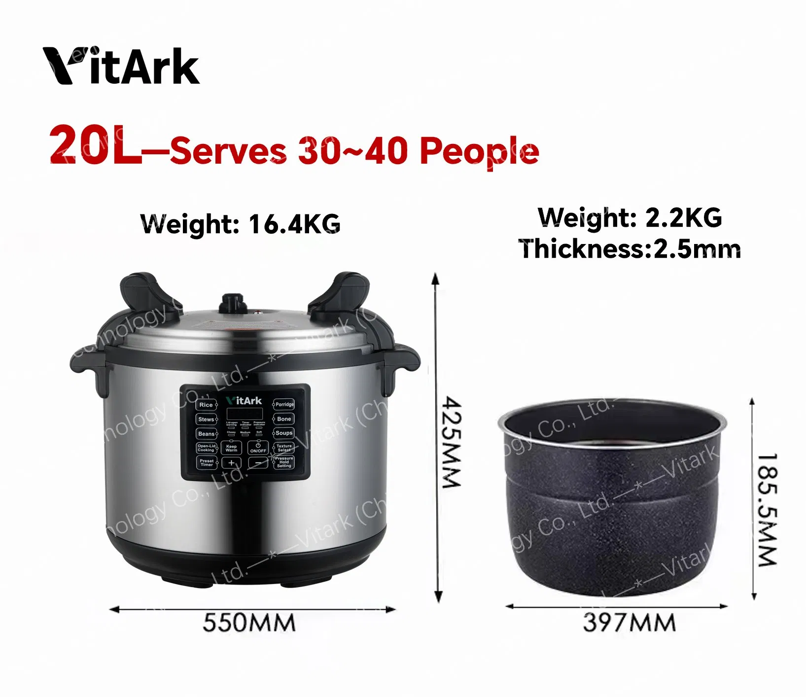 20 L Kitchen Appliance Commercial Intelligent Industrial Electric Pressure Cooker with CB and CE Certification and Large Capacity Source Factory.