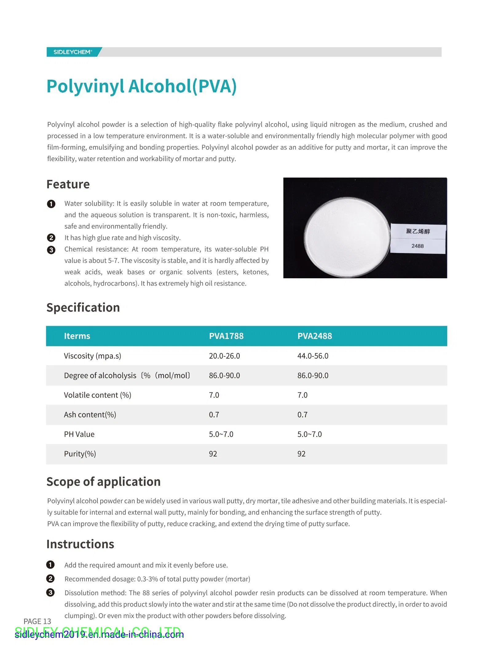 High Purity 99% Min Polyvinyl Alcohol PVA 2088 1788 2488