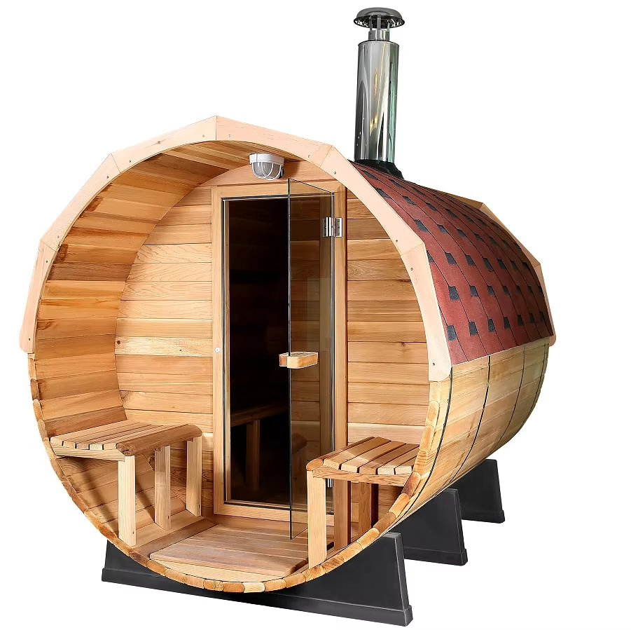 4 Person Steam Sauna Outdoor Barrel Sauna Room with Wood Burning Stove
