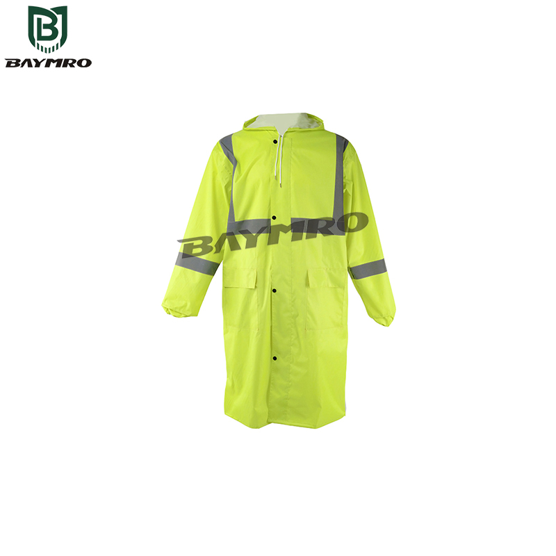 High Visibility Reflective Waterproof PVC Rain Wear Long Raincoat with Hood Reflective Mackintosh Coat