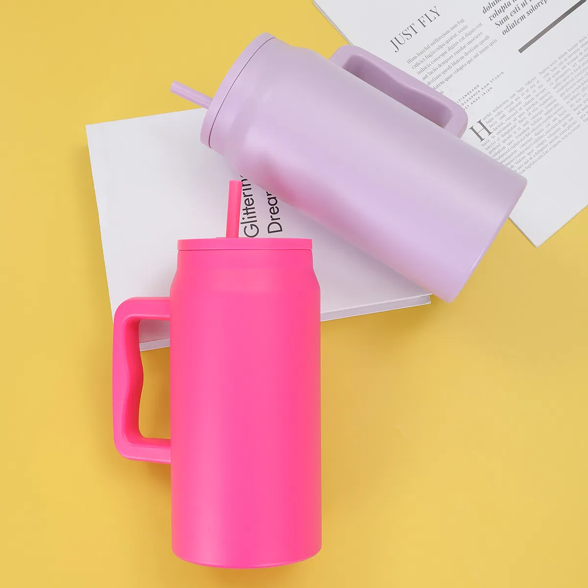 50oz Double Wall Stainless Steel Insulated Cup Car Handle Ice Water Bottle Thermo with Lid and Straw Powder Coated Tumblers