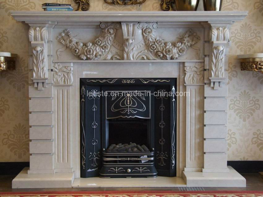 Hot Natural New Cream Beige Marble Surround Stone Fireplace for Indoor Decoration