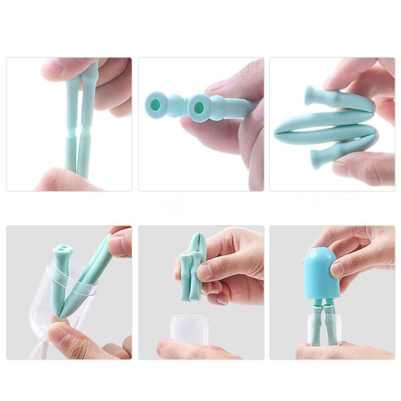Silicone Reusable Folding Drinking Straw with Carrying Case and Cleaning Brush