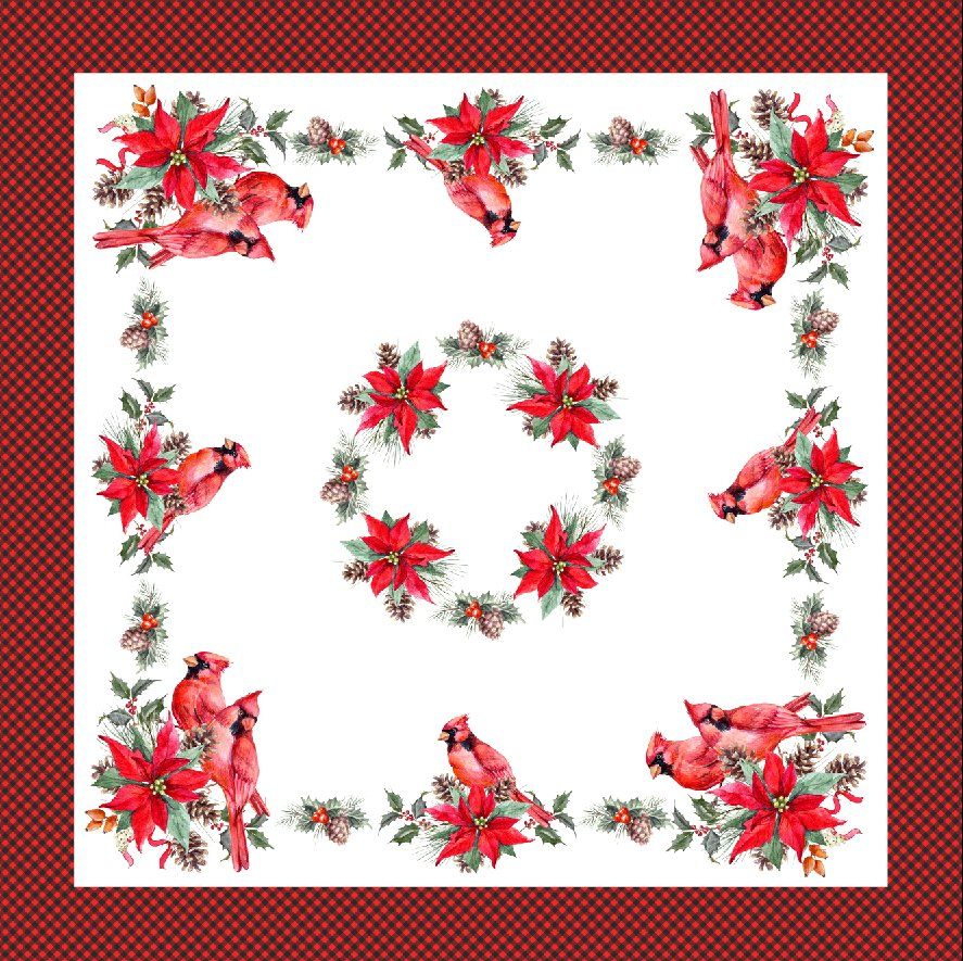 Poinsettia Cardinal Tablecloth with Red Border