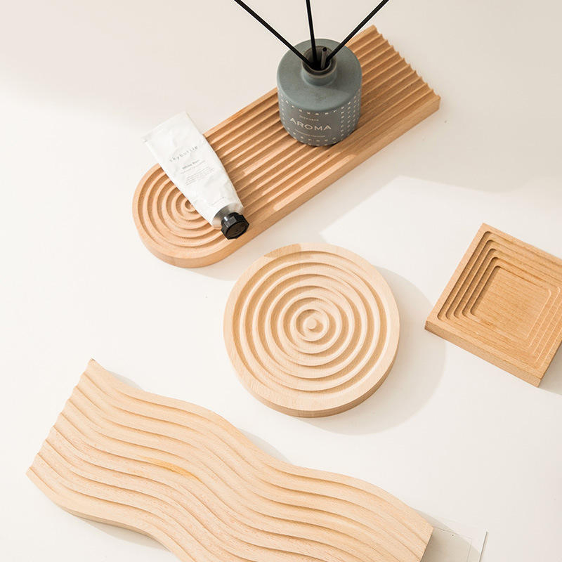 Beech Wooden Coffee Tray with Decorative Water Ripple Design