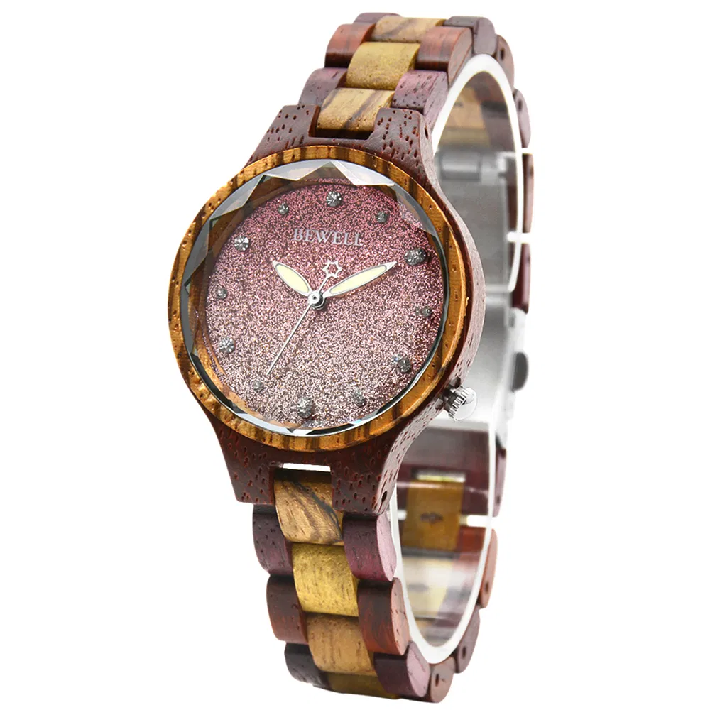 Bewell Luxury Shining Stone Faded Colors Wood Made Women Wrist Wood Watch