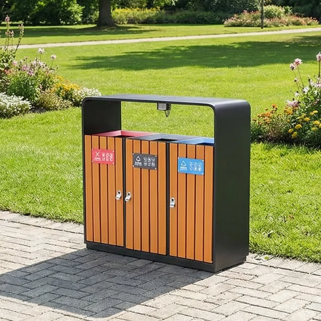 Уличный трёхсекционный мусорный бак для раздельного сбора