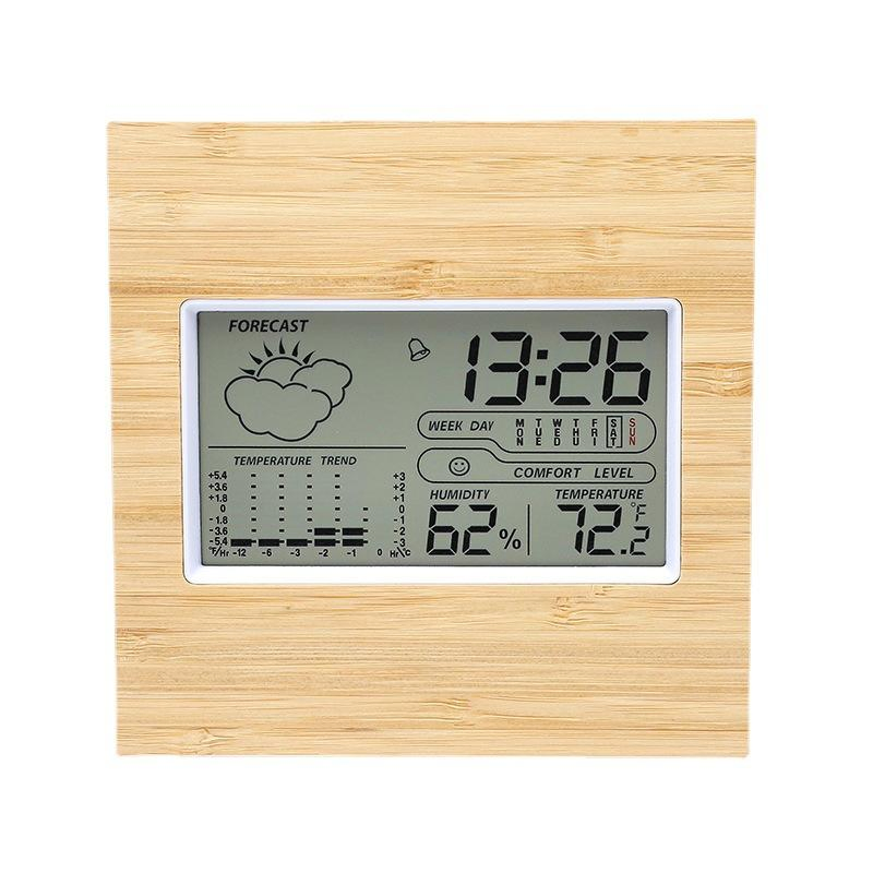 Digital Big LCD Thermometer Hygrometer Clock with Weather Station in Bamboo