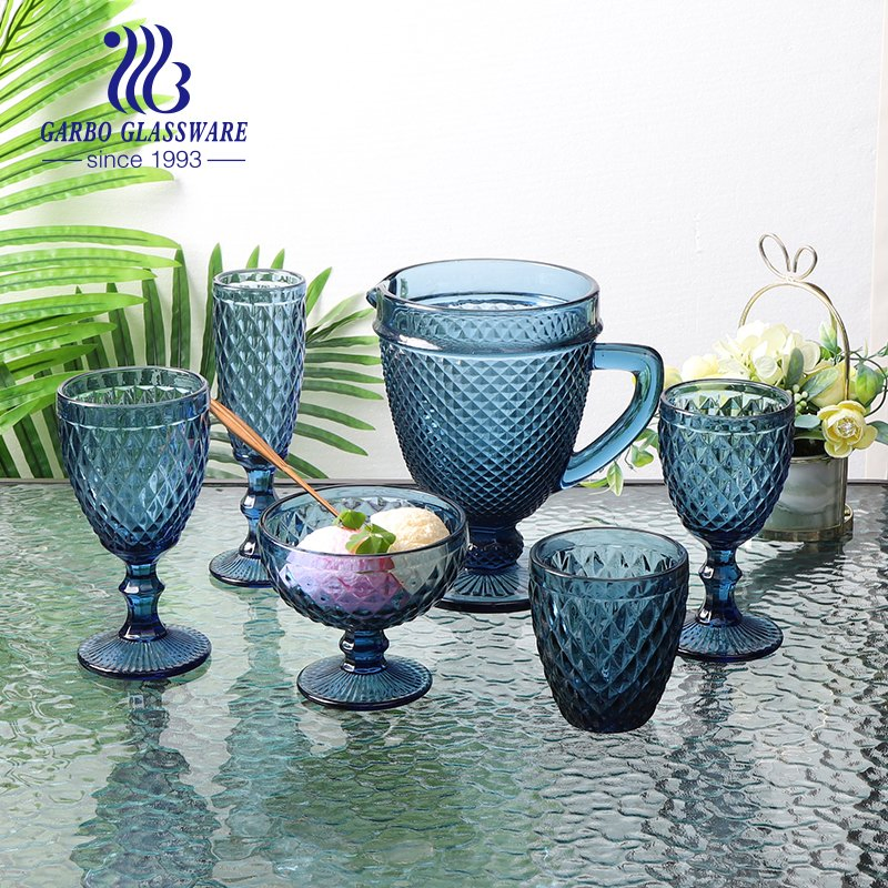 Solid Blue Grey Green Purple Color Glasses Water Jug 1300ml Diamond Engraved Design Hot Selling Water Juice Glass Pitcher