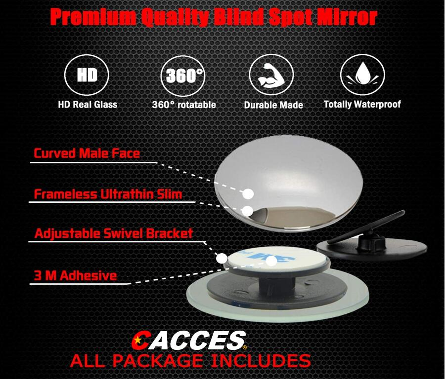 2-Pack Blind Spot Mirror, 2" Round HD Glass Frameless Convex, 360° Adjustable Stick-On for Car