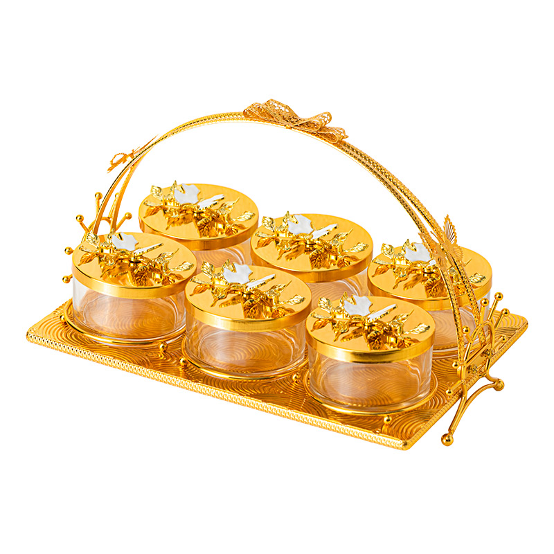 Glass Home Decor Bowl Set, Includes 6 Glass Bowls and a Gold-Plated Iron Stand Candy Bowl