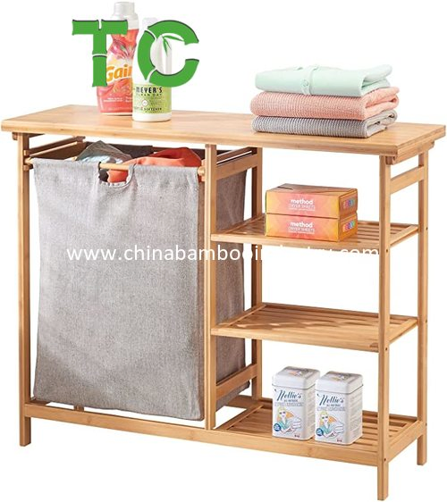 Two-Section Bamboo Laundry Basket Removable Bag and Shelf Wooden Bamboo Laundry Organizer Cabinet Laundry Hamper Sorter