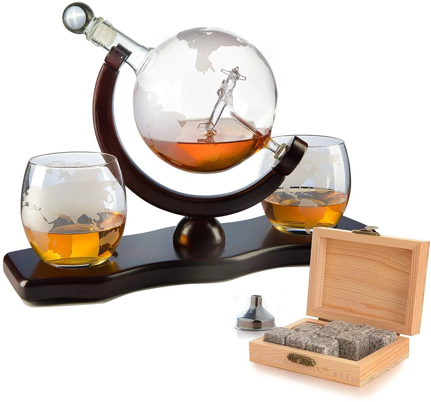 Whiskey Decanter Globe Set with 4 Etched Globe Whisky Glasses - for Liquor, Scotch, Bourbon, Vodka - 850ml