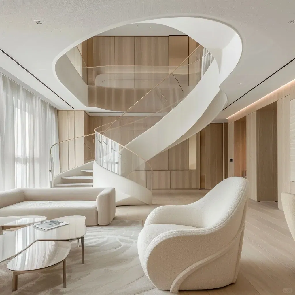 LED Light White Wooden Curve Staircase Floating Stairs Design Modern Interior Staircase with Wood Indoor Stairs