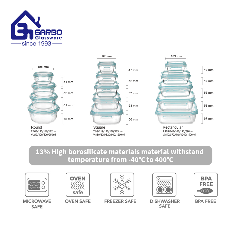Promotional Hot Selling High Borosilicate Glass Food Container Microwave Oven Safe Lunch Box with Lid Round Square Rectangle 640ml Bento Food Container Bowl