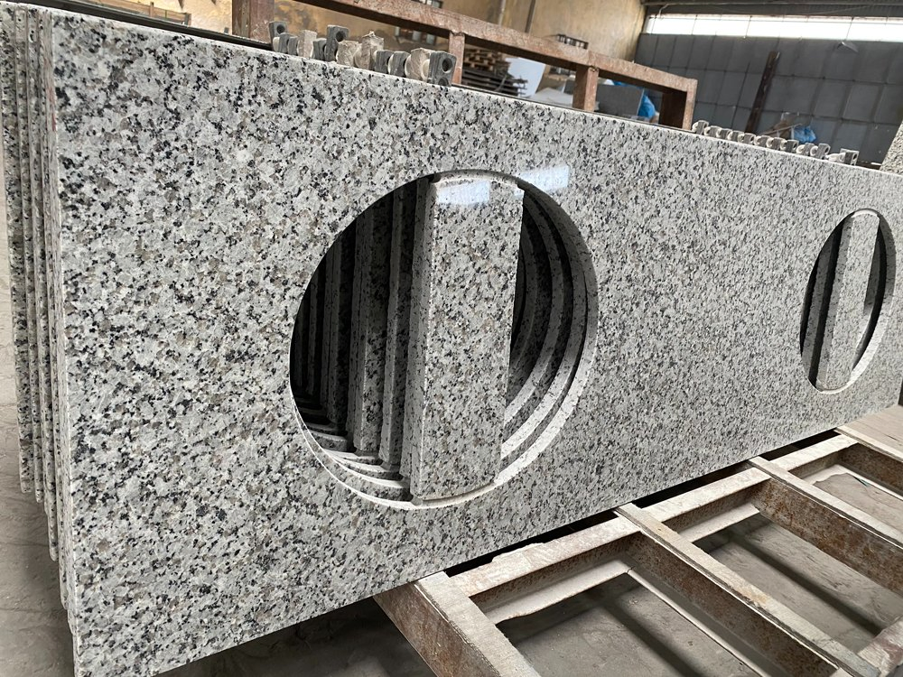 Bala Flower White Granite Abovemount Sink Cutout Backsplashes Countertop Vanity Top