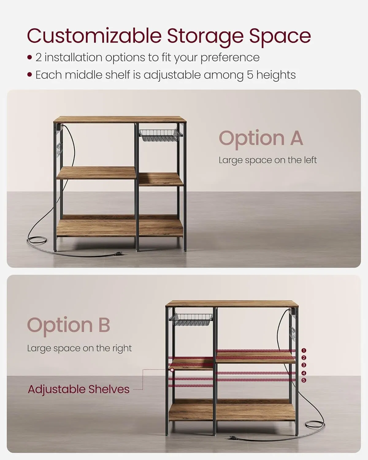 Kitchen Storage Rack, Metal and Wood Panel, Large Capacity Metal Basket, Suitable for Kitchens