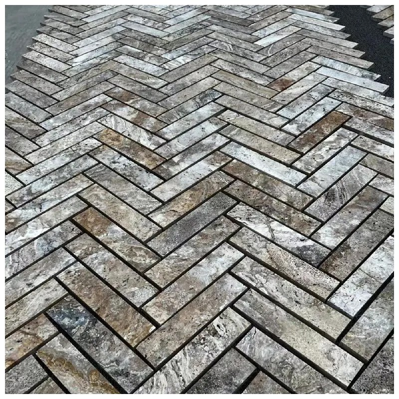 Silver Grey Travertine Herringbone Mosaic Tiles
