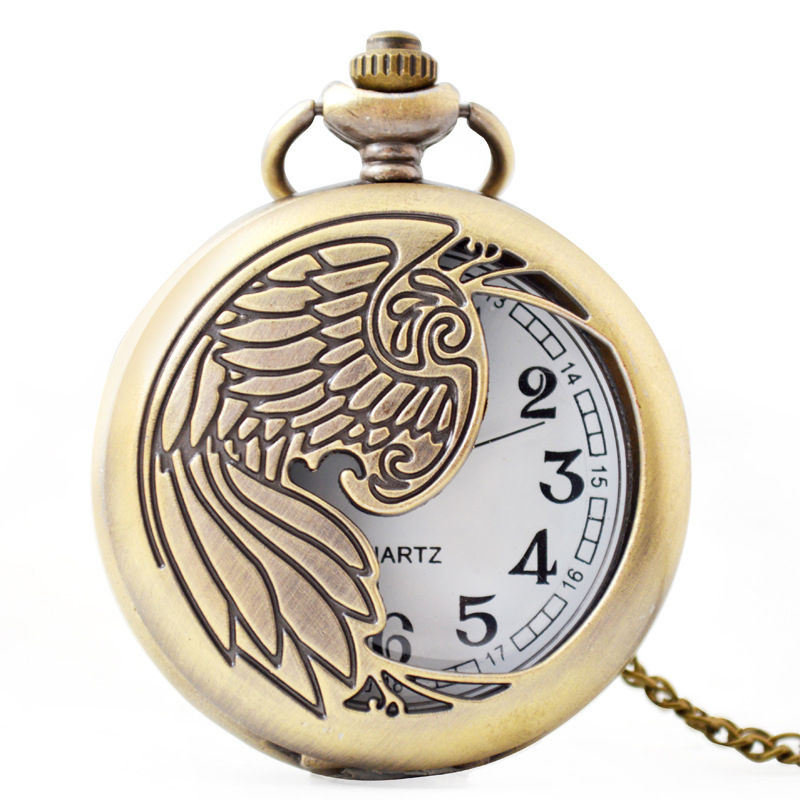 Quartz Bronze Fine Chain Vintage Exquisite Carving Pattern Hollow Phoenix Wing Pocket Watch