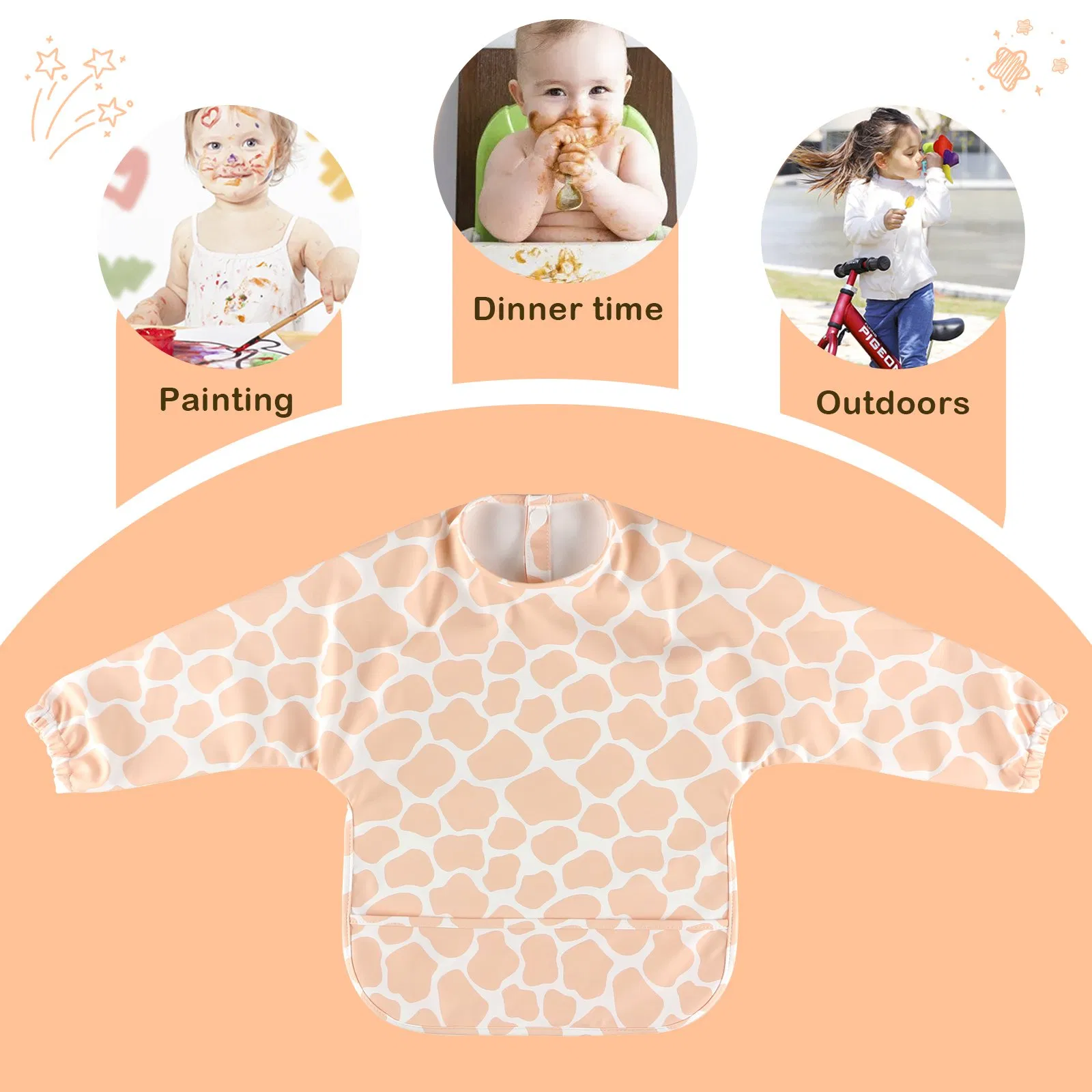 Easy Wipe Long Sleeve Feeding PU Bib for Baby