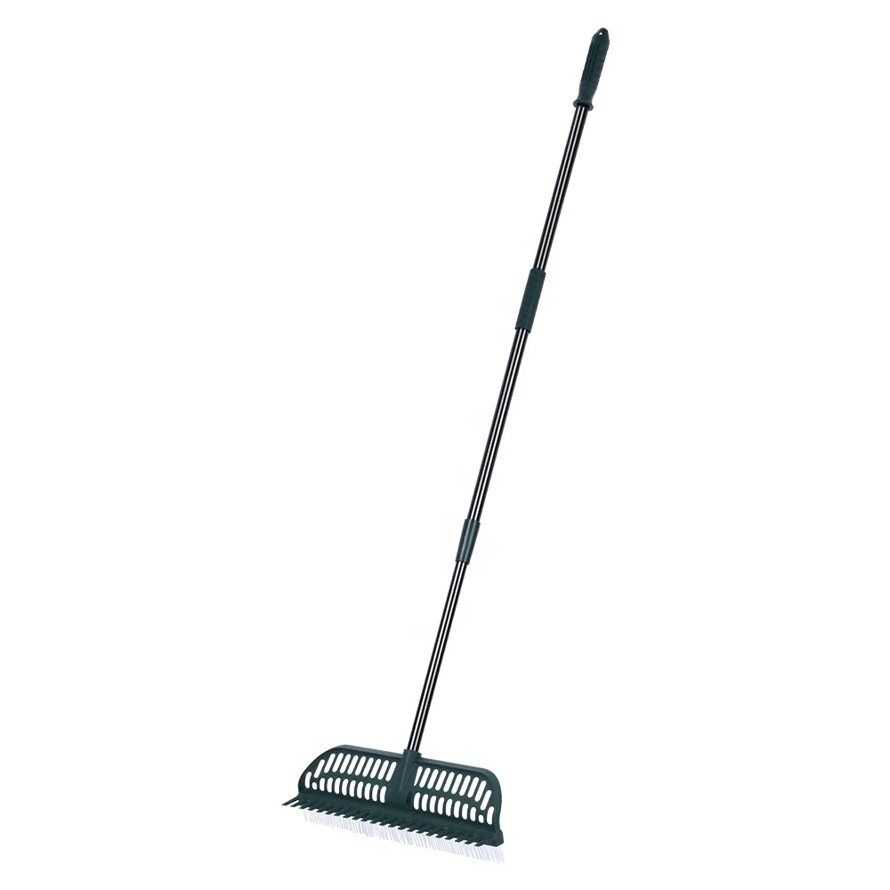 Factory Dual Function Artificial Turf Lawn Grass Cleaning Brush & Rake with Telescopic Handle Garden Sweeper Tools