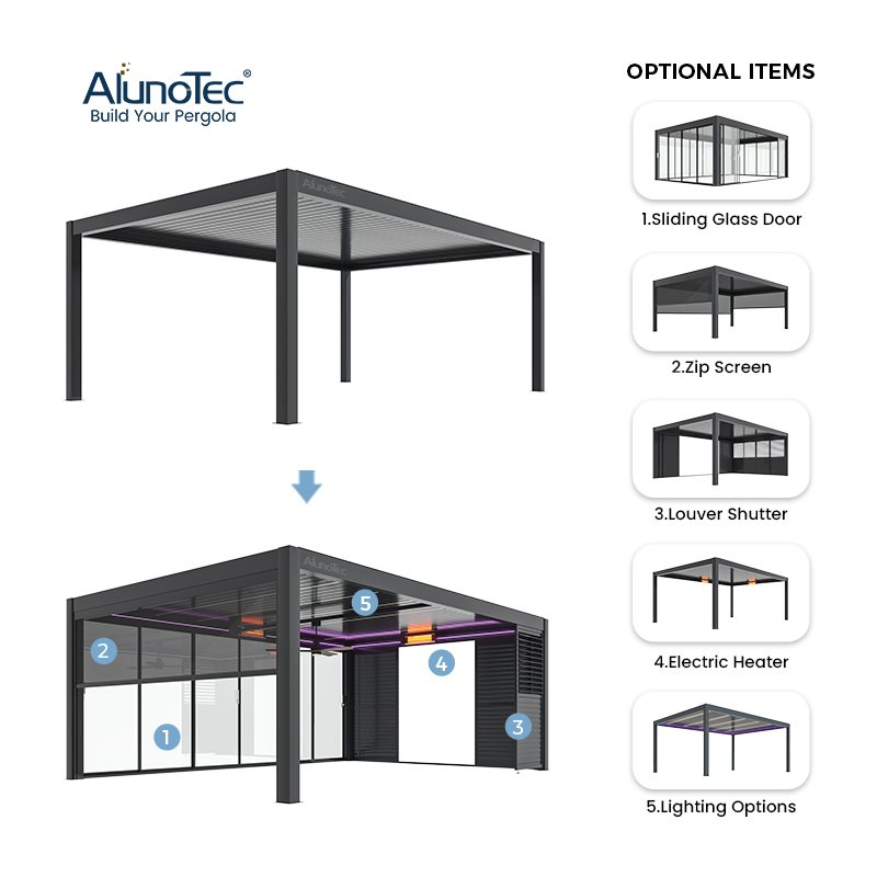 AlunoTec Wholesale Factory Price UV Protection Waterproof Aluminuim Outdoor SPA Pool Solar Bioclimatic Pergola