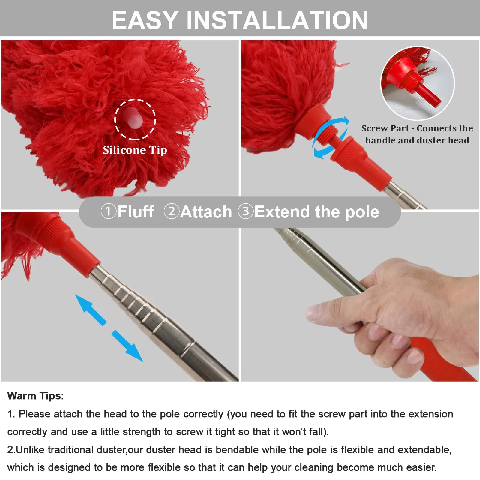 100 Inches Long Pole Bendable Head Long Handle Microfiber Extendable Feather Duster