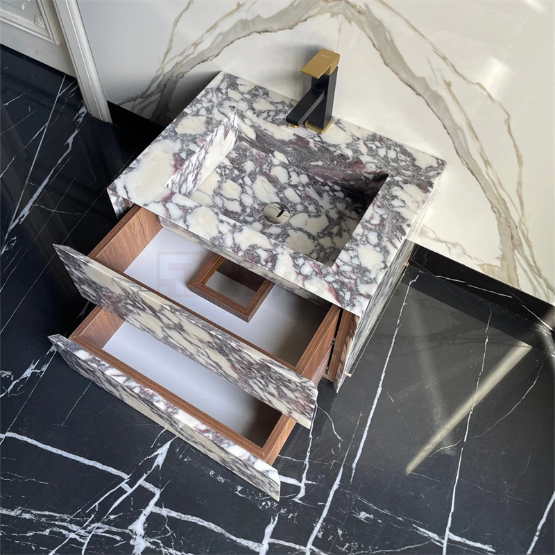 Modern Calacatta Viola Marble Sink Powder Room Floating Basin Marble Vanity Cabinet Drawers Bathroom Vanity