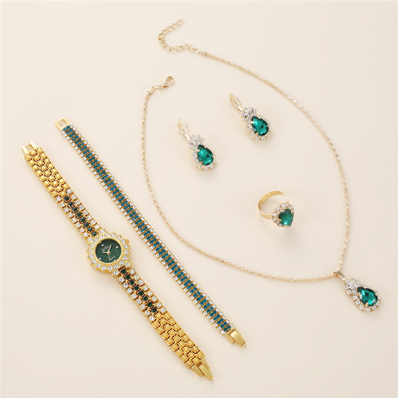 5PCS/Set Necklace Bracelet Ring Earrings Women Watch Luxury Gold Plated Five-Piece Emerald Diamond Watch Set