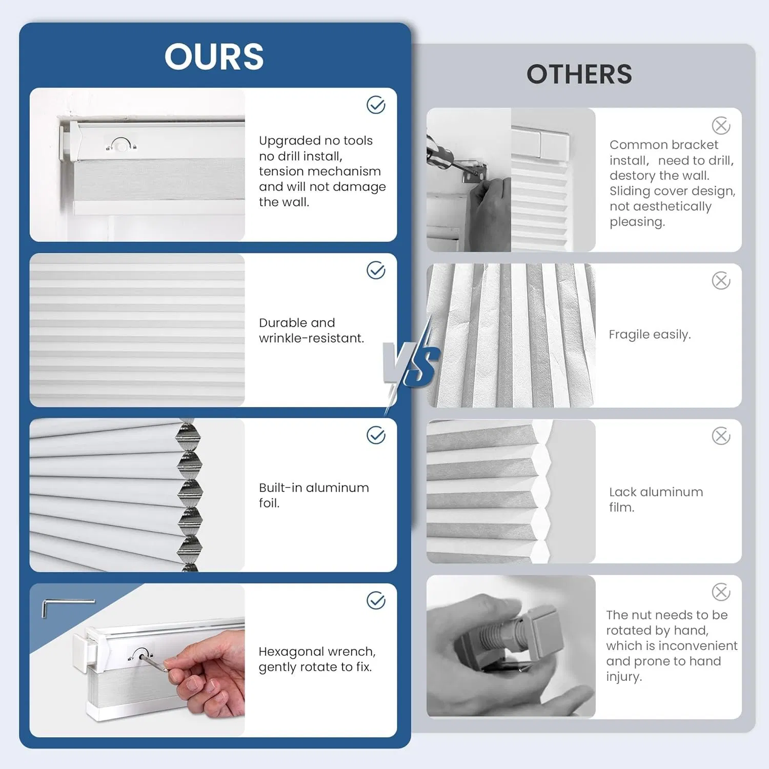 No Drill Blinds Blackout Honeycomb Blinds for Indoor Windows, UV Protection Privacy