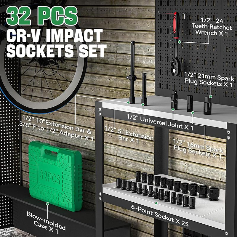 Набор головок 1/2 дюйма для пневмогайковерта, 32 шт, Cr-V