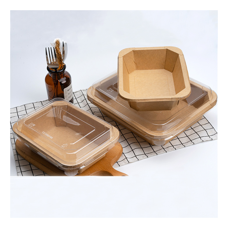 Disposable Oil Resistant Rectangle Octagon Bar Restaurant Food Display Kraft Containers with Transparent Lid Square Rice Fruit Salad Takeaway Paper Bowl