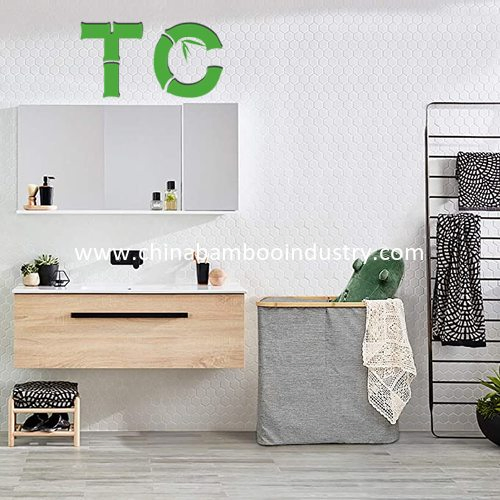 Wholesale Bamboo Double Laundry Hamper with Lid, Collapsible Dirty Clothes Basket with Handles, 2 Section Waterproof Small Clothes Hamper Storage