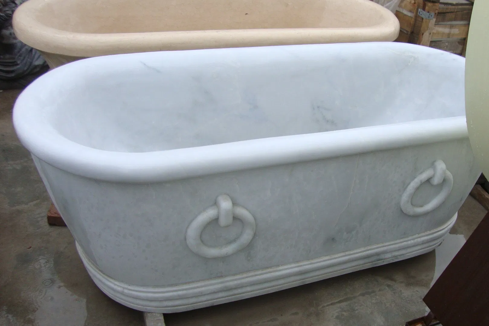 Fashion Attractive Design Hand Carved White Solid Freestanding Natural Stone Bathtub Marble Ellipse Bath Tub (SYBT-021)