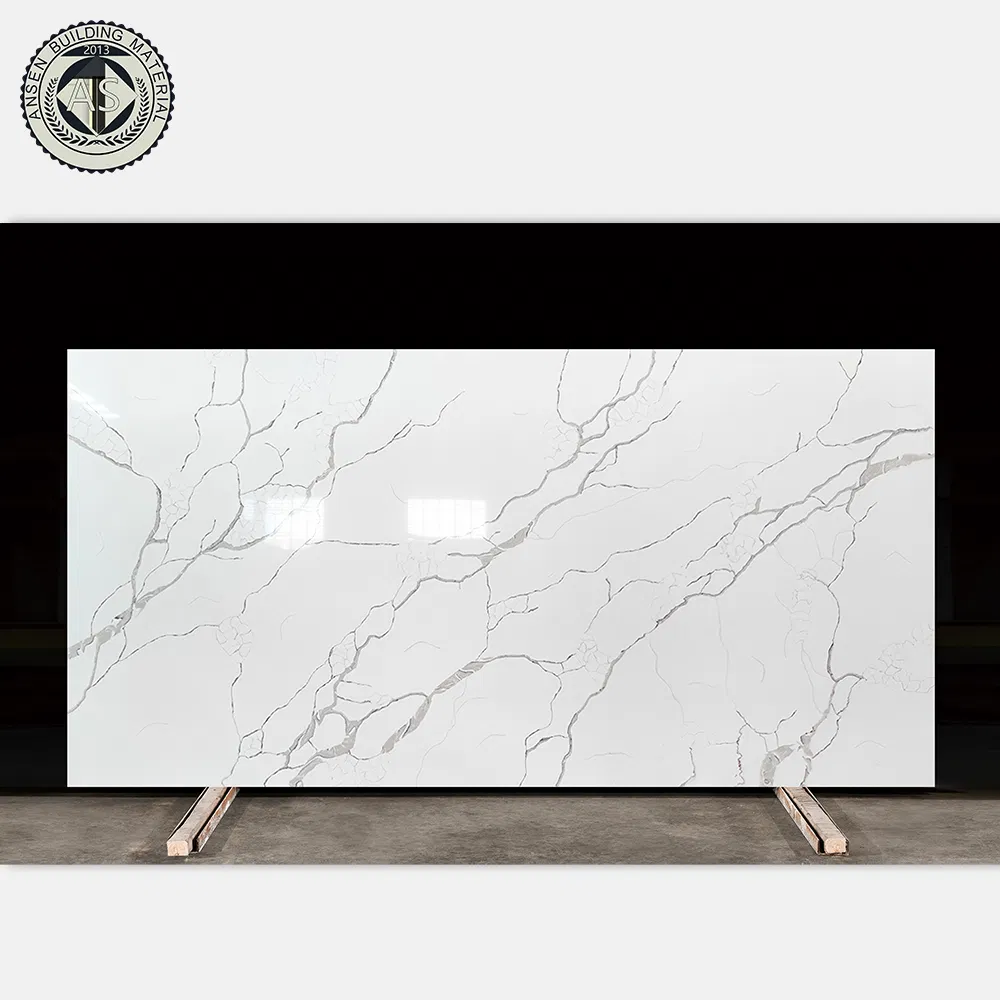 0% Silica Quartz Slab Wholesale Factory Price Calacatta White Artificial Quartz Stone for Kitchen Island Countertop