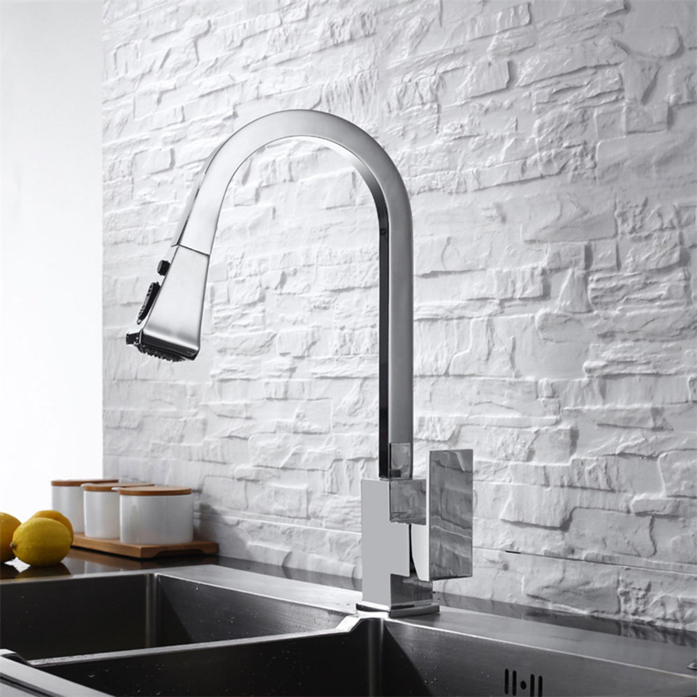 Unique Brushed Nickel Brass Kitchen Faucet Hot Cold Water Deck Mounted Single Handle Pull out Spout Kitchen Sink Mixer