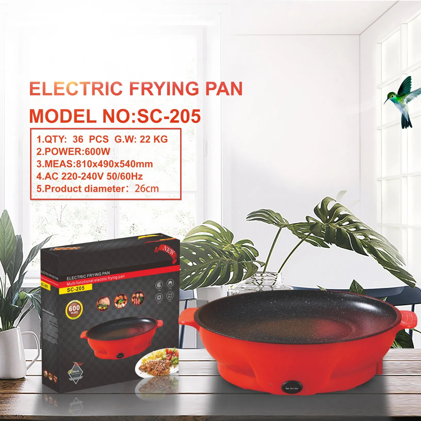 Sc-205 Household Outdoor Portable Electric Frying Pan with a Plastic Shell, Round Electric Wok