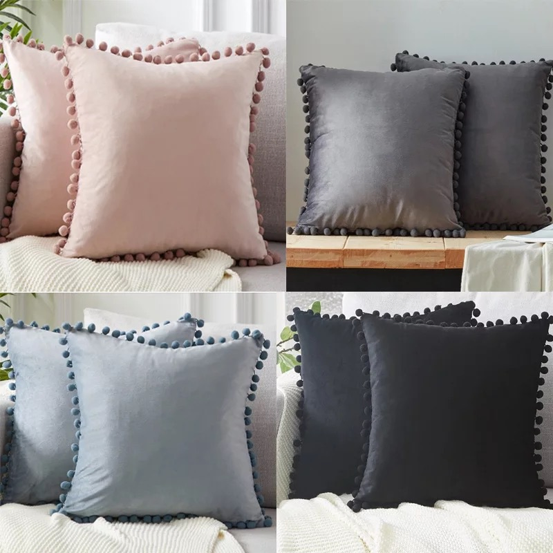 Set of 2 Decorative Throw Pillow Covers with Cute POM POM, Square Soft Cushion Case Home Decor for Couch