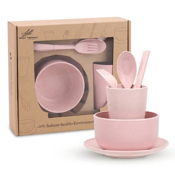 Wholesale Wheat Straw Dinnerware Set 6 PCS Bowl Plate Cup Set Tableware for Kids Children