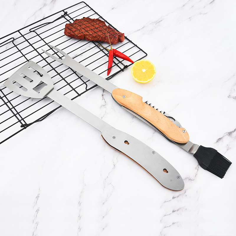 Wholesale Multifunctional Portable Outdoor Barbecue Tool Customizable Stainless Steel Wooden Handle Smoked BBQ Kit