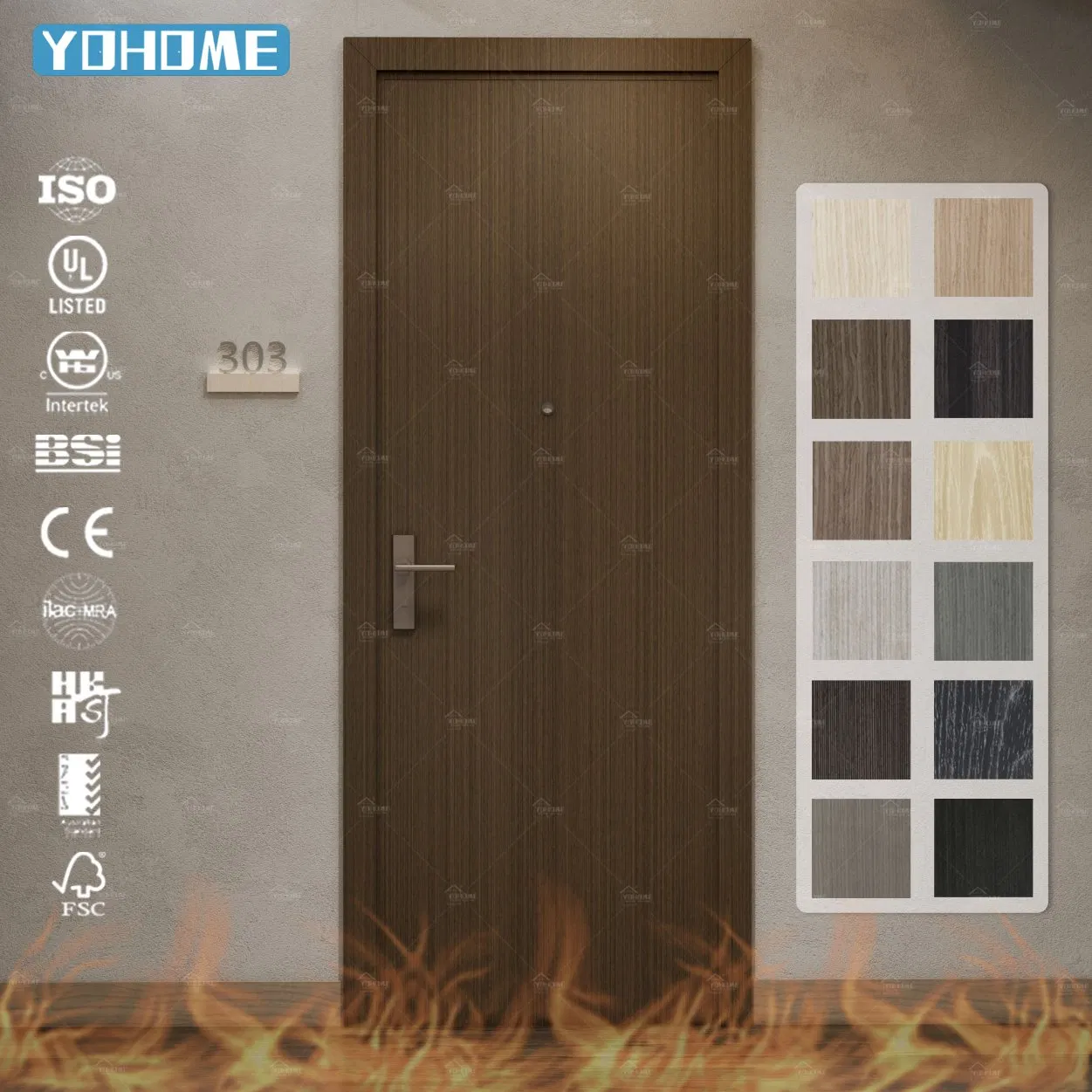 Europe Modern Simple Hotel Internal Prehung 30 60 Min Fire Rated Soundproof Wooden Apartment Room Wood Fire Door
