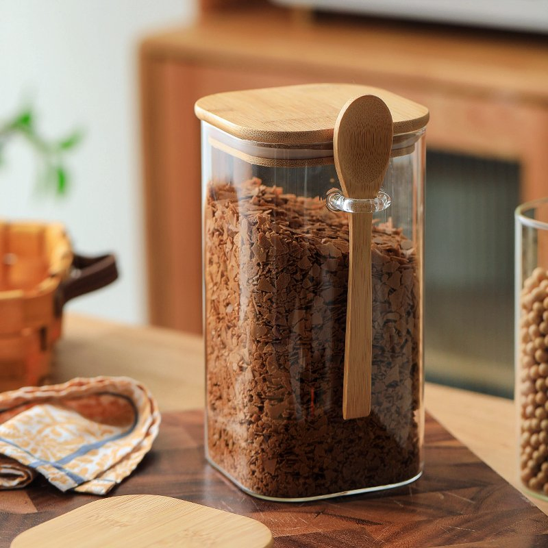 Clear Glass Jar with Lid and Spoon Sealed Canister Food Storage Container for Loose Tea Coffee Bean Sugar Salt