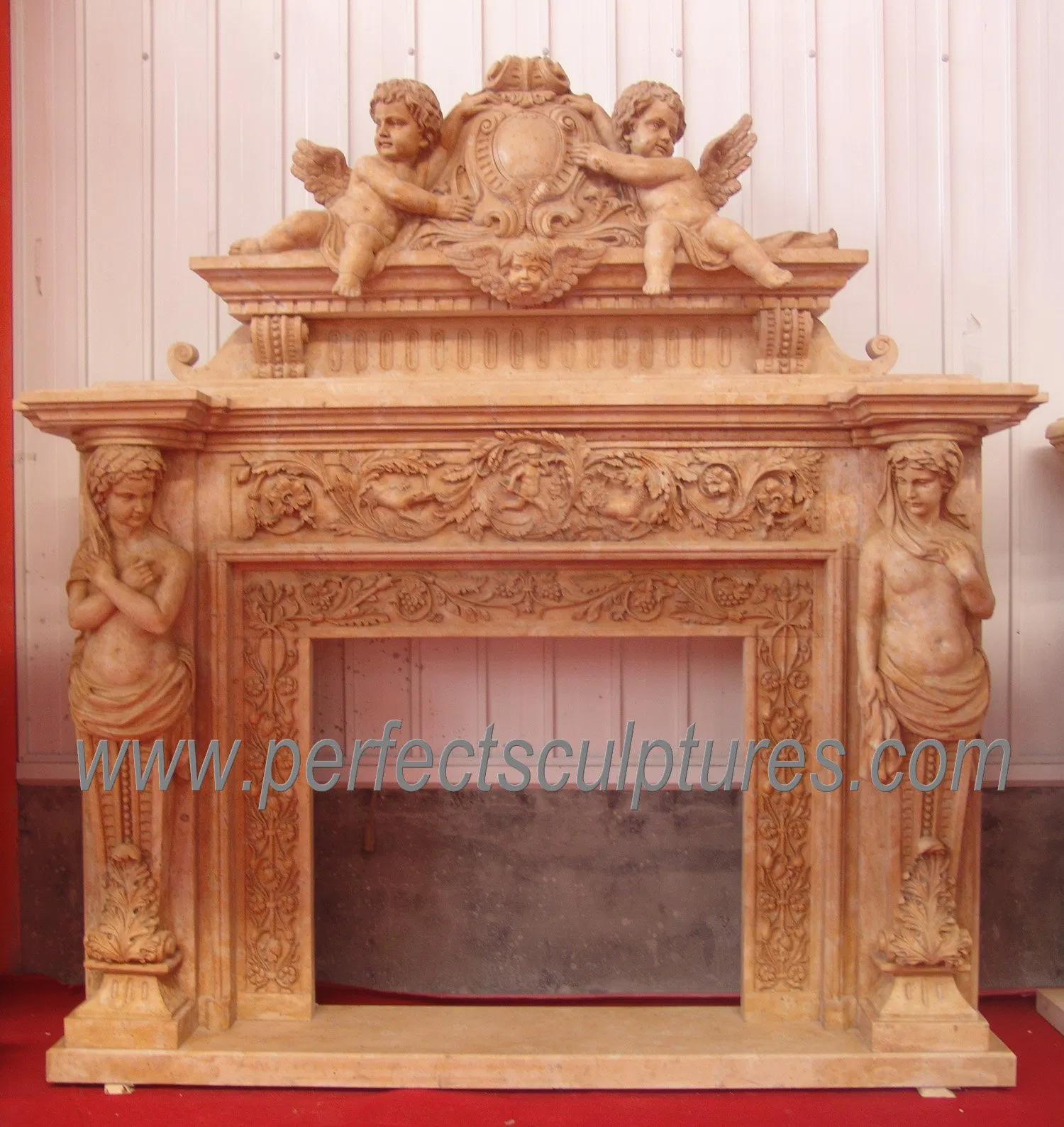 Stone Limestone Double Fireplace with Carved Cherub Figure Statue (QY-LS124)